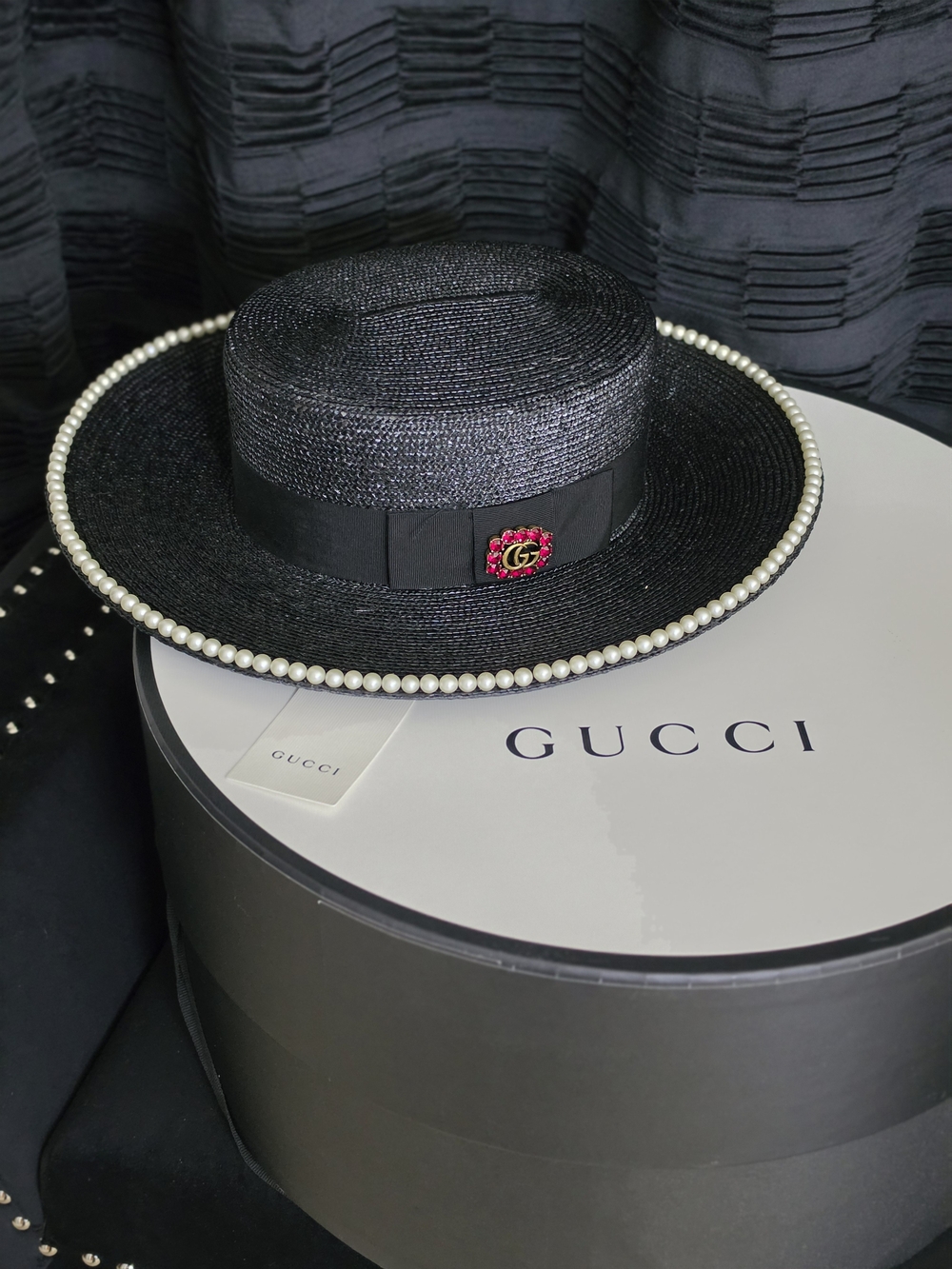 Gucci Black Straw Pearl-Trim Boater Hat